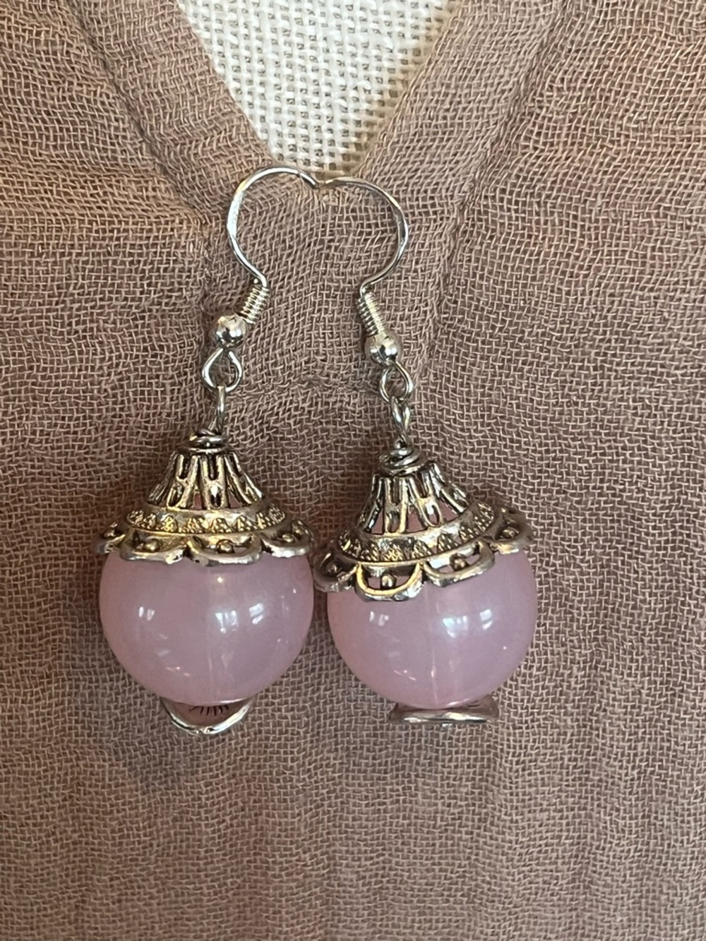 Pink Acrylic Drop Earrings with Silver Filigree Caps